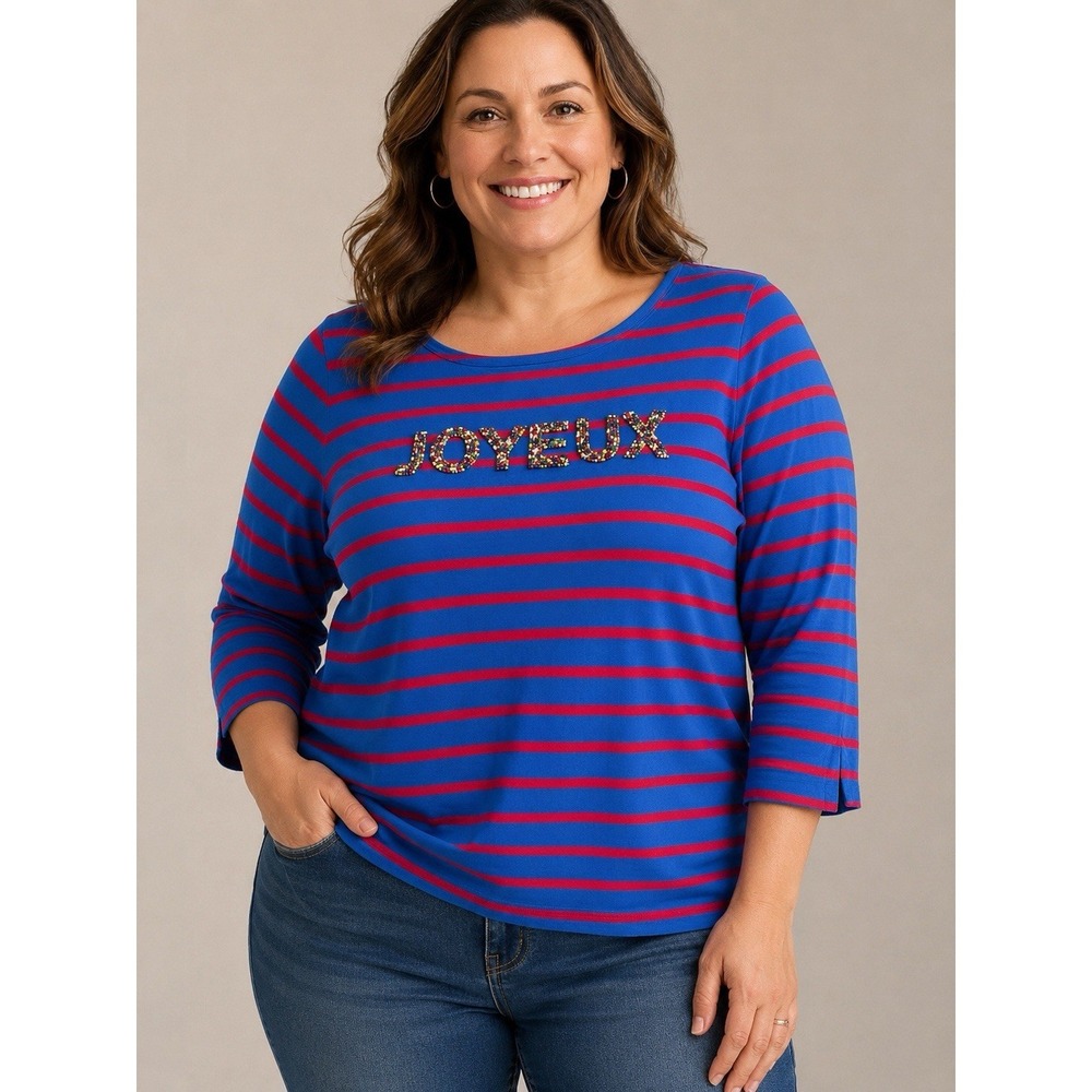 Talbots Joyeux Beaded Striped Top Blue Red 3/4 Sleeve Womens XL